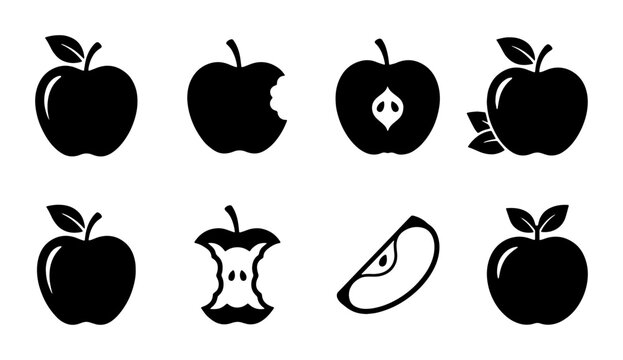 Apple Icons Set: Fresh Fruit, Bitten, Sliced, and Core Vector Graphics for Healthy Eating and Food Concepts