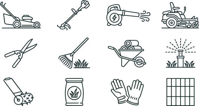 Lawn care and landscaping power tools line icon set with lawnmower string trimmer leaf blower wheelbarrow lawn sprinkler and grass fertilizer vector