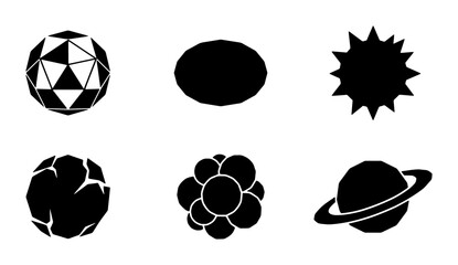 Geometric and Organic Celestial Body Icons, Black Silhouette Space Objects, Cosmic Shapes Set © fr