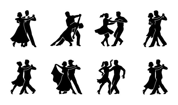 Ballroom Dance Silhouettes, Elegant Couples Dancing Vector Icons Set, Romantic Movement Poses Collection