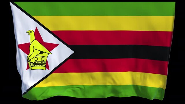 Professional animation of the Zimbabwe flag waving in the wind, ideal for African travel videos, cultural projects, news content, education, web banner use, and national holiday visuals.