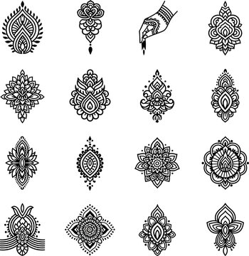 Collection of various black and white henna pattern icons and decorative cultural design elements set
