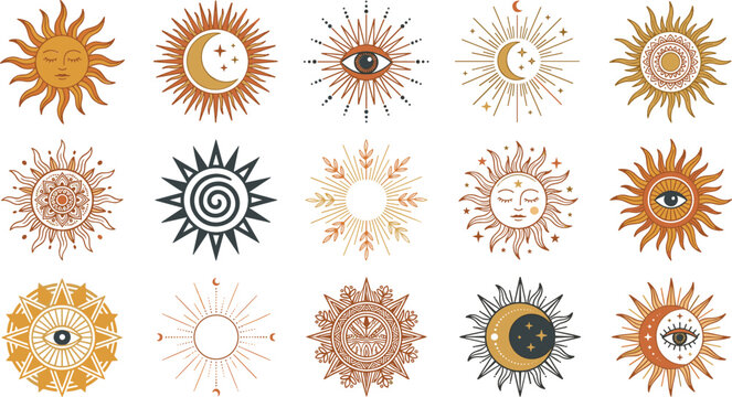 Mystical boho celestial sun icon set with esoteric crescent moon evil eye third eye burst sacred geometry and retro astrology symbols vector