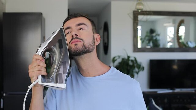 Man ironing his facial wrinkles