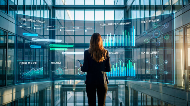 Business executive monitoring global market performance