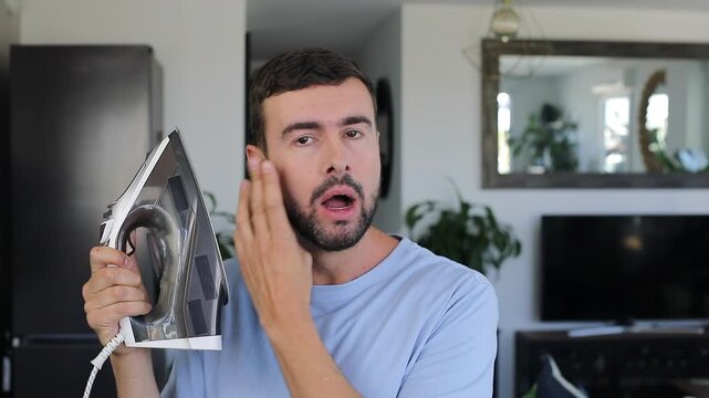Man ironing his facial wrinkles