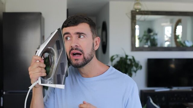 Man ironing his facial wrinkles