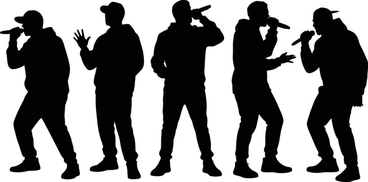 Diverse male hip hop artists in silhouette performing with microphones and expressive gestures