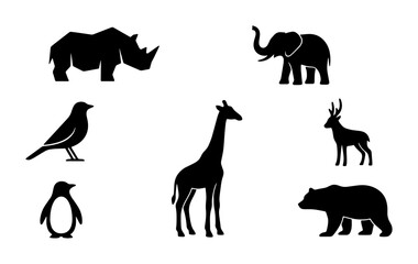 Obraz premium Diverse Wildlife Silhouettes Collection: Elephant, Rhino, Giraffe, Bear, Deer, Penguin, Bird Icons