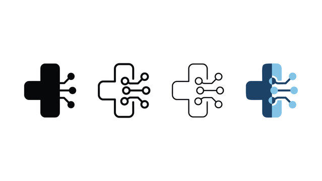 Abstract digital technology circuit board symbol cross shape illustrating data flow and connectivity isolated on transparent background