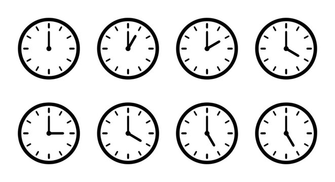 Eight Simple Clock Icons, Time Display Vector Set, Minimalist Analog Watch Faces, Hour Minute Hand Graphics