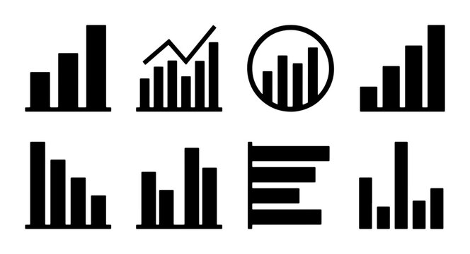 Business Growth Bar Charts, Financial Data Analysis Icons, Stock Market Trends Vector Set, Economic Progress Graphics