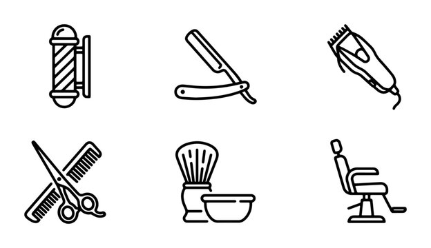 Barber Shop Icons Set: Vintage Tools, Modern Hair Clippers, Styling Chair, Razor, Scissors, Comb, Shaving Brush, Barber Pole