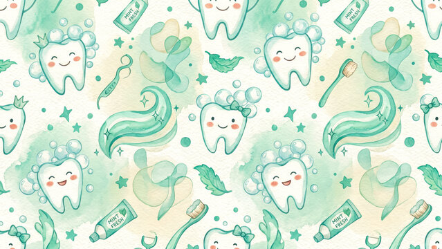 cheerful dental watercolor pattern with smiling teeth and floating toothpaste bubbles soft minty hues fluid overlapping shapes gentle oral hygiene dentistry seamless background