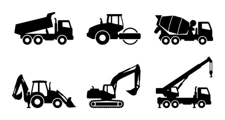 Construction Vehicle Icons Set: Dump Truck, Roller, Cement Mixer, Backhoe, Excavator, Crane, Heavy Machinery Silhouettes for Industry Projects © Faiyaz