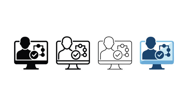 Collection of four stylized computer screen icons depicting a user silhouette and a flowchart with a checkmark representing business workflow and decisionmaking processes