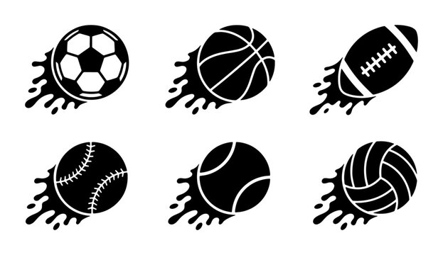 Dynamic Sports Balls Collection, 6 Vector Icons Set, Action Motion Graphics, Soccer, Basketball, Football, Baseball, Tennis, Volleyball