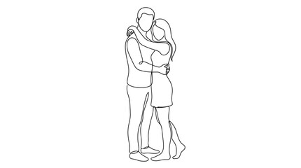 Obraz premium Minimalist continuous line art drawing of a romantic couple embracing.
