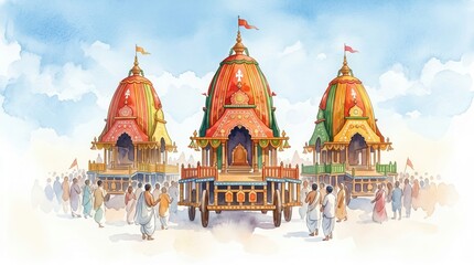 Obraz premium Watercolor illustration of people celebrating rath yatra.