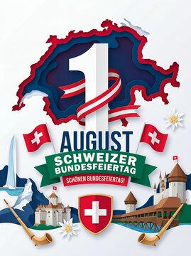 Schweizer Bundesfeiertag: Swiss National Day Poster with Alps, Cuckoo Clock and Red Lion | August 1