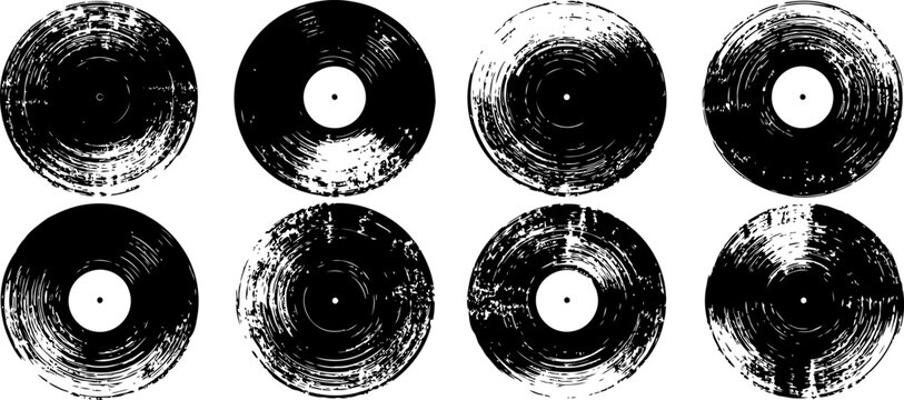 Vintage vinyl records silhouette set with scratches texture, old music discs collection design