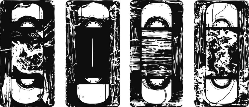 set of vintage vhs tape icons set grunge cassette video cassettes with scratches and worn texture