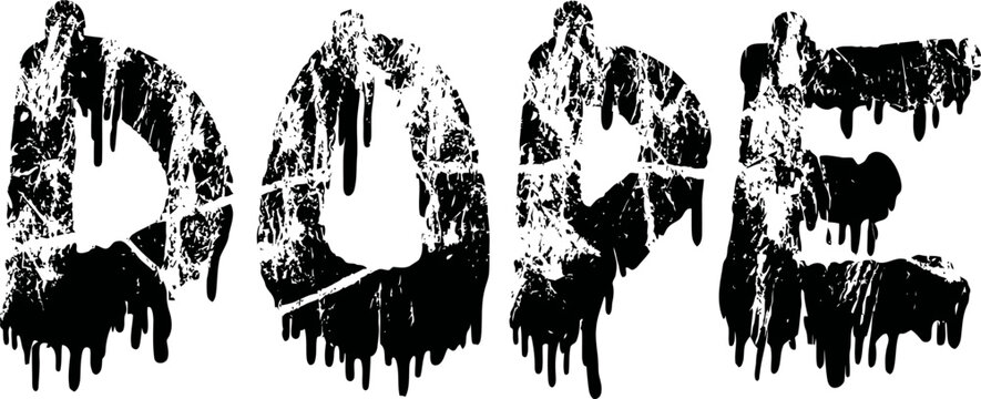 grunge word doodle with dripping black paint effect on white background