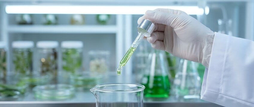 Scientist in white lab coat and gloves pipetting green liquid into glass beaker in modern laboratory with plants and equipment in background for research and development.