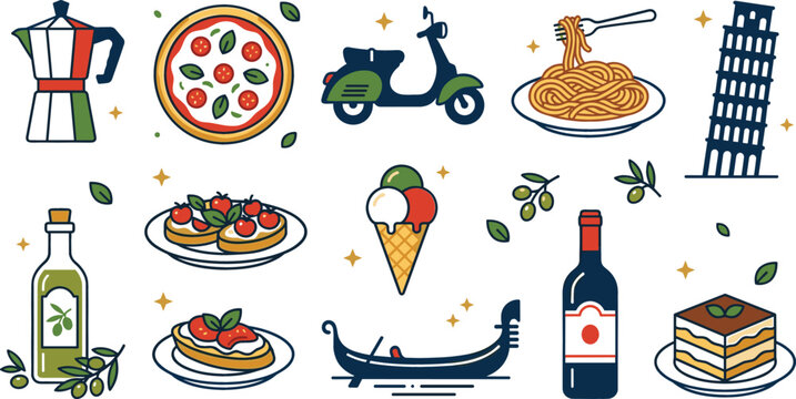 Traditional Italian culture and cuisine line icon set with symbols for pizza spaghetti moka pot gelato leaning tower of pisa and wine vector