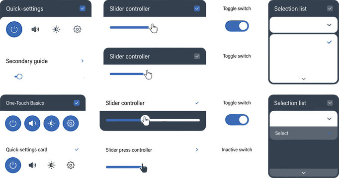 User interface UI kit dashboard element set with dark mode widgets for slider controllers toggle switches dropdown menus and system quick settings card vector