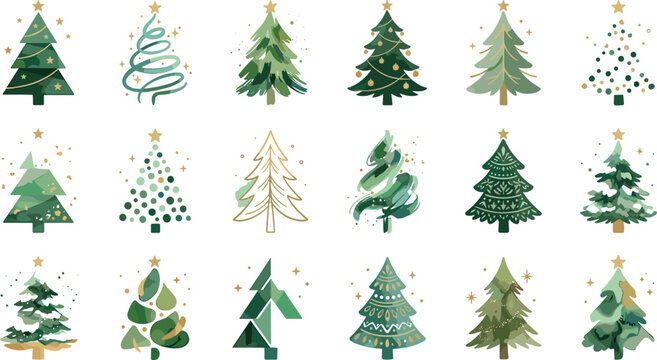 Watercolor Christmas tree vector set with abstract geometric pine trees, winter holiday line art doodles, and modern festive fir illustrations with gold stars