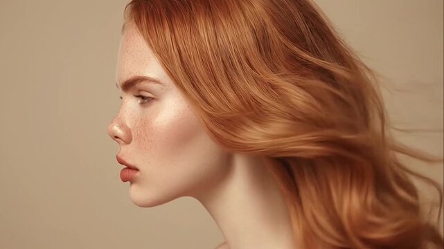 Profile portrait of a young woman with red hair and freckles with her eyes closed against a warm background