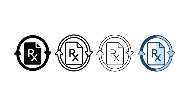 Medical prescription renewal symbol featuring a document with Rx sign and circular arrows representing a cycle or repeat process