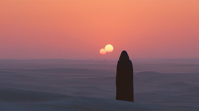 Lone hooded figure standing on vast desert landscape at sunset with two suns visible in the sky, creating a surreal and otherworldly atmosphere