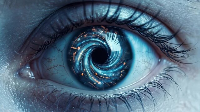 Futuristic blue eye with swirling digital data in iris. Cybernetic vision and artificial intelligence concept. Extreme close-up lockdown shot.