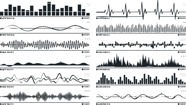 Audio wave and sound equalizer vector element set with digital signal waveforms frequency bars heartbeat pulse lines music track waveforms and radio spectrum vector