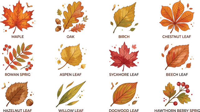 Autumn leaf vector set with watercolor textured illustrations of maple oak birch chestnut rowan aspen sycamore beech hazelnut willow dogwood hawthorn leaves and berries