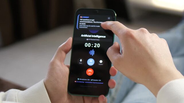 Innovative voice call with an AI assistant on a smartphone. High-quality UI featuring a voice waveform and smart insight popup. Essential for videos about future tech, automation, and digital