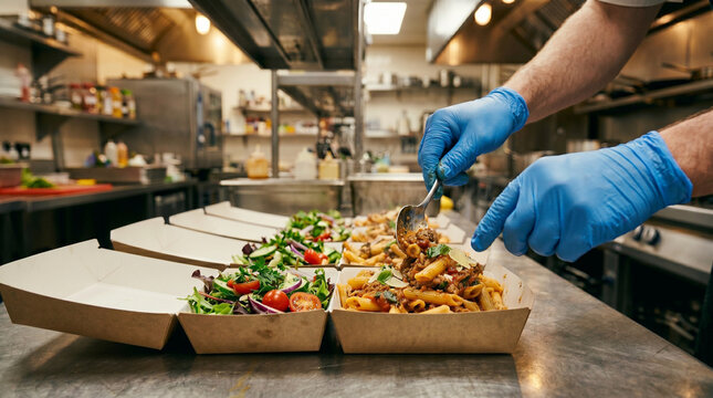 Chef in blue gloves plating penne pasta with tomato sauce and fresh herbs into cardboard takeaway boxes in commercial kitchen environment for online food delivery service business.