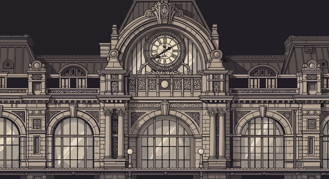 Ornate Beaux-Arts Train Station Facade with Grand Clock Tower