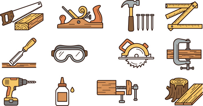 Carpentry and woodworking hand tool line icon set with flat color symbols for hand saw planer hammer chisel circular saw drill clamp and workbench vector