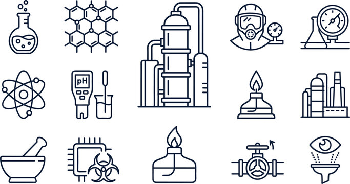Chemical engineering and industrial lab science icon set with linear symbols for distillation column, molecular structure, biohazard chip, refinery plant, and chemistry laboratory equipment vector