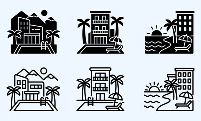 Fototapeta premium resort hotel icon set with palm trees waves sun lounge chair monochrome style