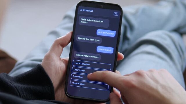 Using an AI assistant to process a product return. The user selects Not as Pictured and Home Goods via a chat interface. Perfect for e-commerce, customer support automation, and AI chatbot visuals.