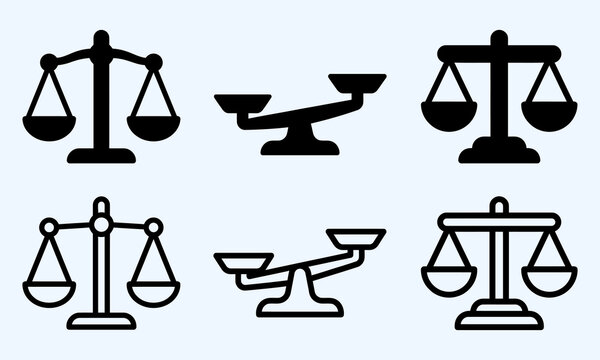 scales justice icon set with monochrome balance symbols for law and fairness