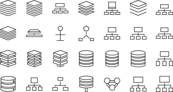 Data Structure and Database Line Icon Set Featuring Information Architecture Diagrams Server Cylinders Stacked Layers and Organizational Flowcharts