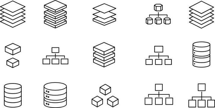 Data Structure and Infrastructure Line Icon Set Featuring Central Server Connected to Database Stacks Cloud Processing and Network Architecture Diagrams