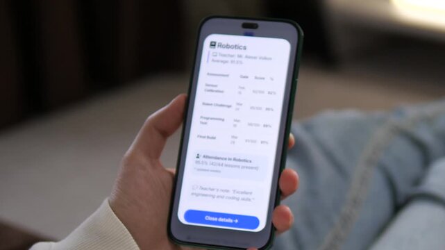 Hands scrolling through a students Robotics performance. The interface displays a 91.5 percent average, 95.5 percent attendance, and a teacher's note on engineering skills. Ideal for illustrating