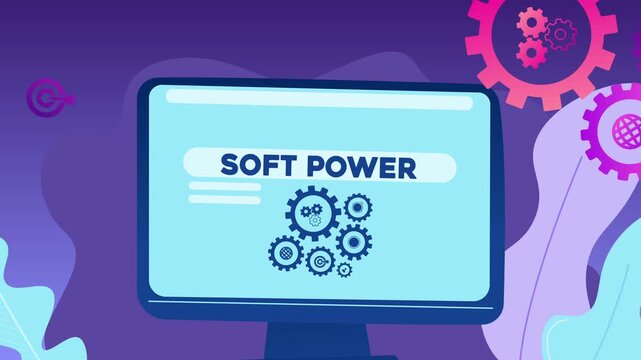 A computer screen displaying the text &ldquo;Soft Power&rdquo; and illustrations of gears