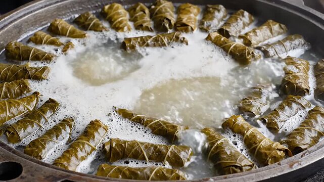 Stuffed grape leaves boiling in steaming metal pot.